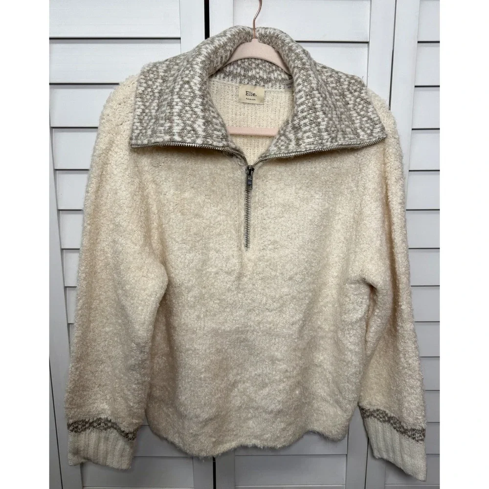 Elie Tahari Wool Blend Crochet Collar 1/4 Zip Cozy Sweater Women's Size Medium